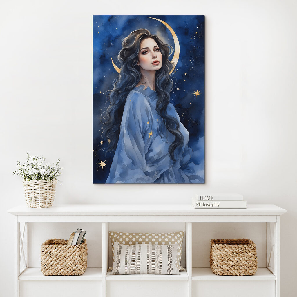 A woman with long hair and moon in the sky A woman with long hair and moon in the sky
