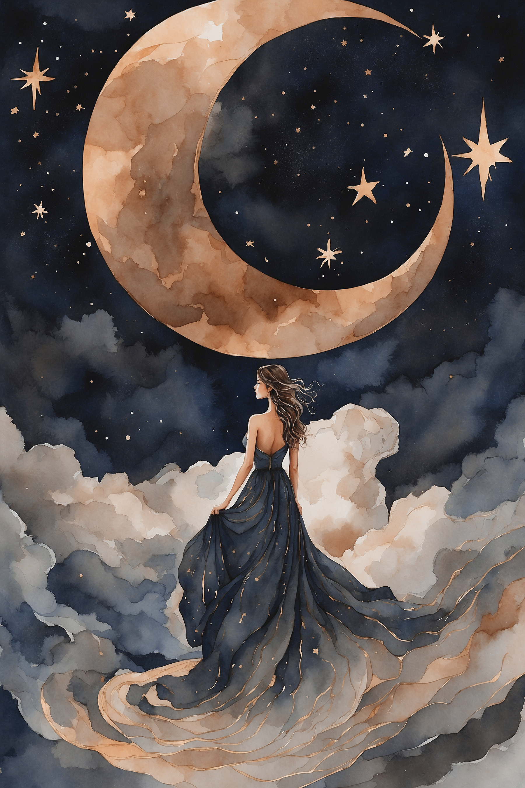 A woman in a blue dress and a moon in the sky A woman in a blue dress and a moon in the sky