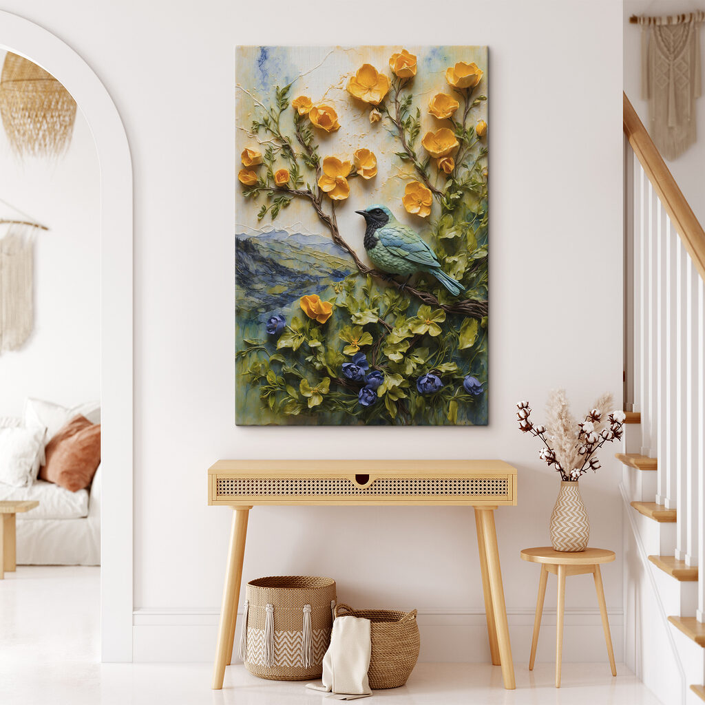 A bird on a tree branch surrounded by flowers