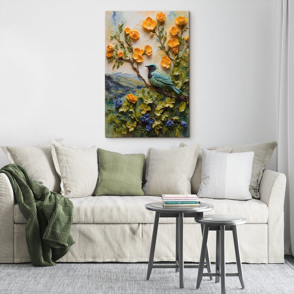 A bird on a tree branch surrounded by flowers