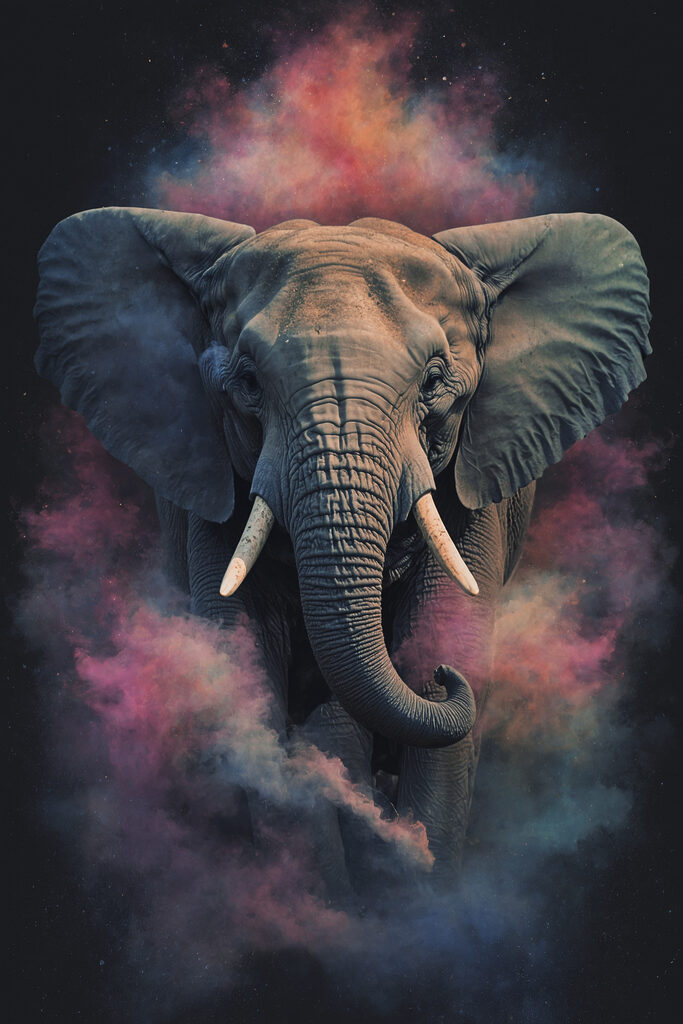 An elephant with smoke and clouds of smoke An elephant with smoke and clouds of smoke