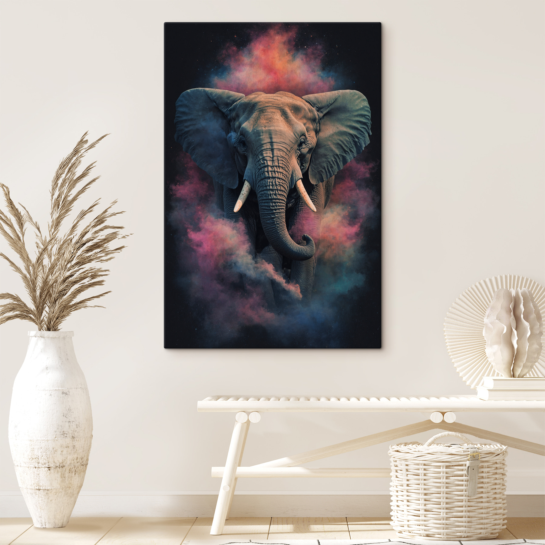 An elephant with smoke and clouds of smoke An elephant with smoke and clouds of smoke