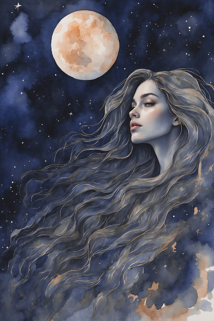 A woman with long hair and a moon A woman with long hair and a moon
