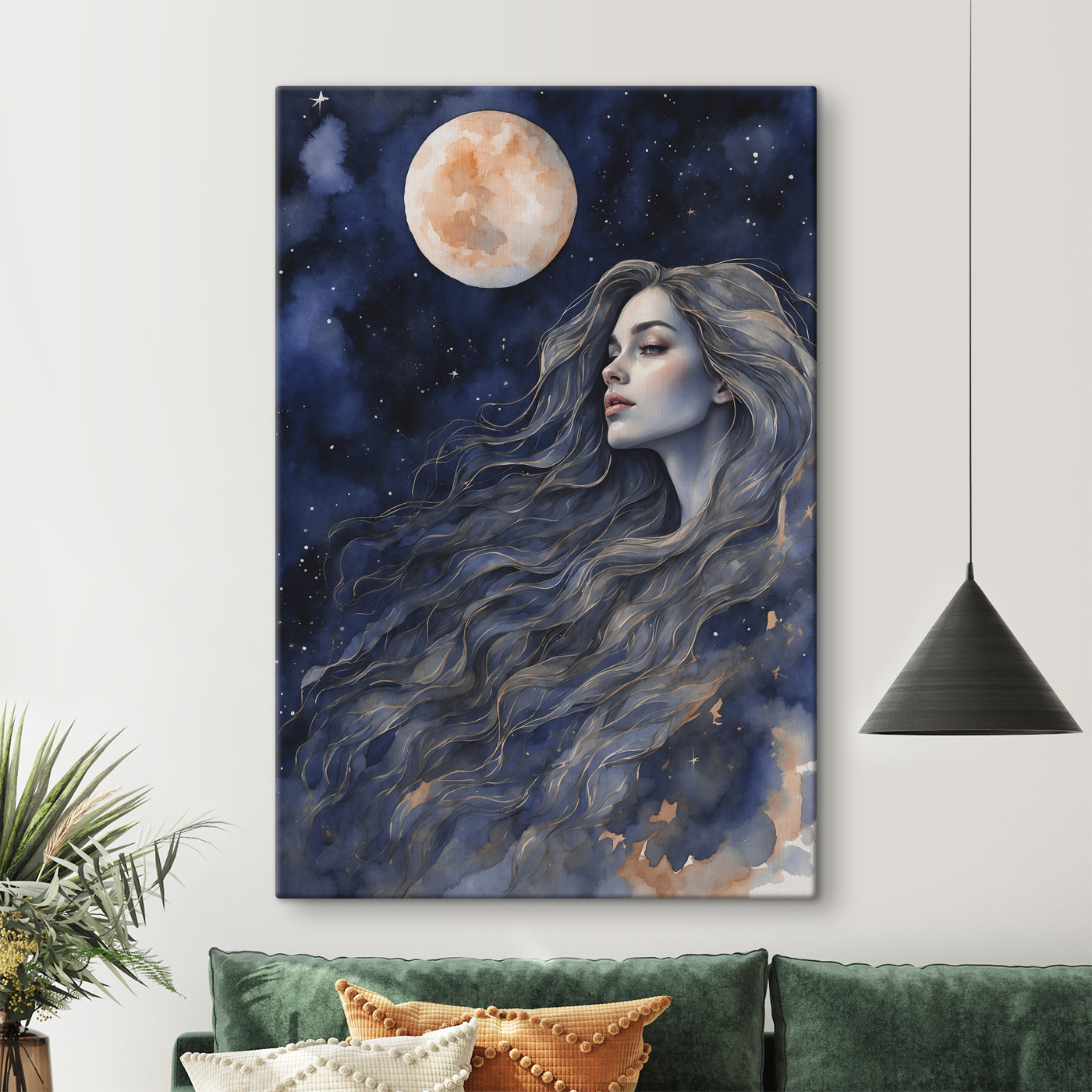 A woman with long hair and a moon A woman with long hair and a moon