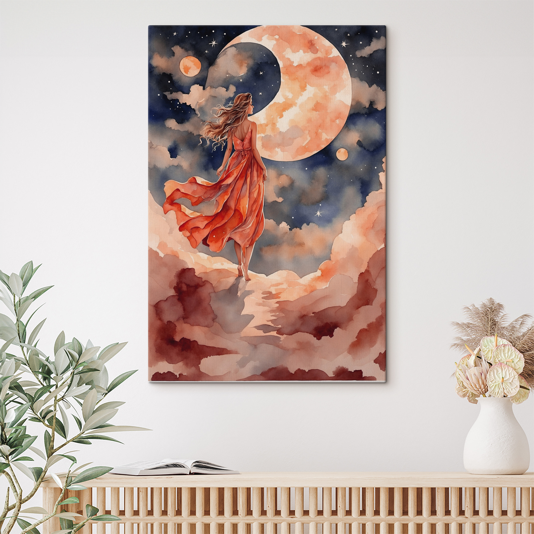 A woman in a dress walking on a cloud