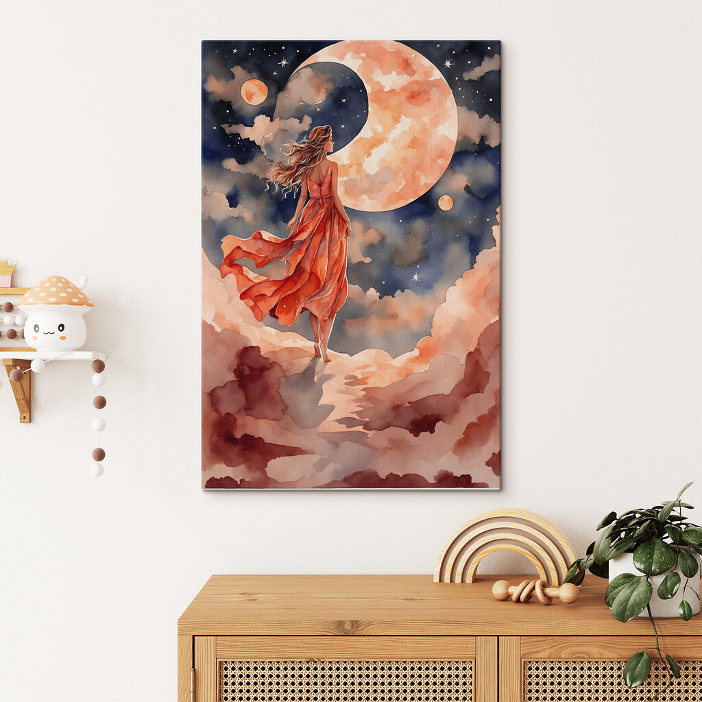 A woman in a dress walking on a cloud