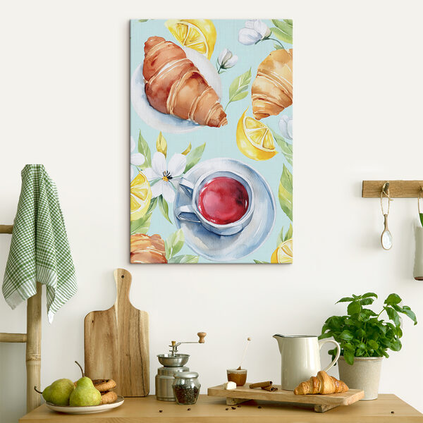Cuadros Una acuarela de un croissant y una taza de té