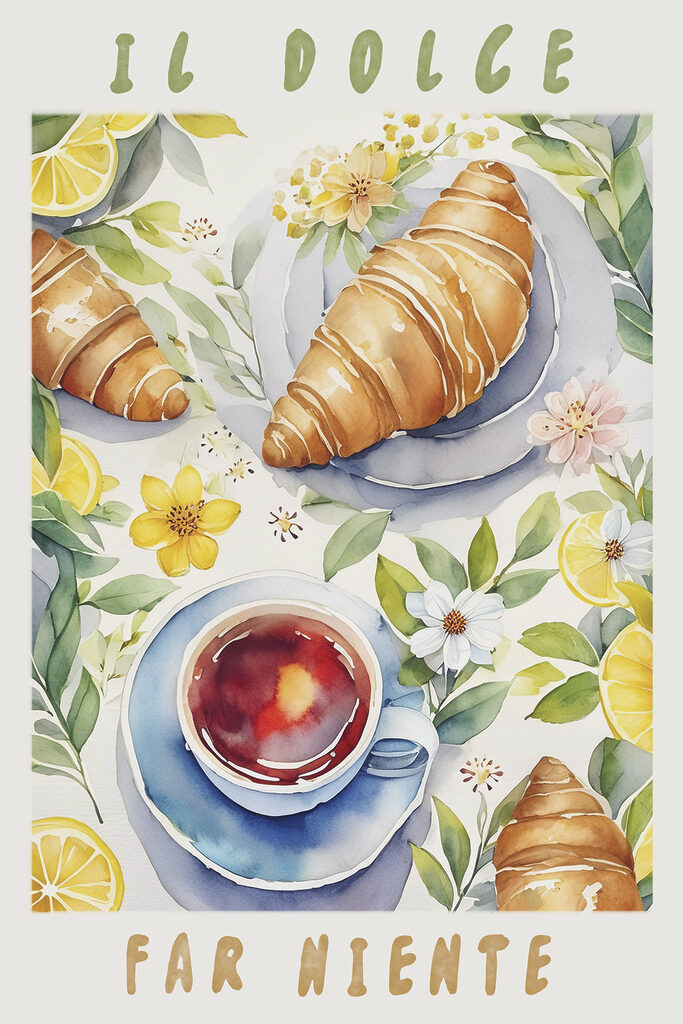 A watercolor painting of food and a cup of tea A watercolor painting of food and a cup of tea