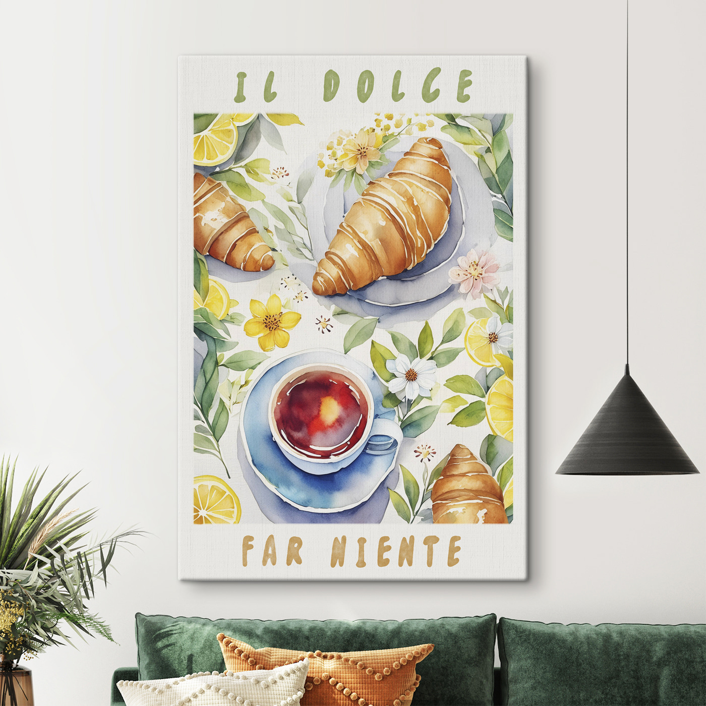 A watercolor painting of food and a cup of tea A watercolor painting of food and a cup of tea