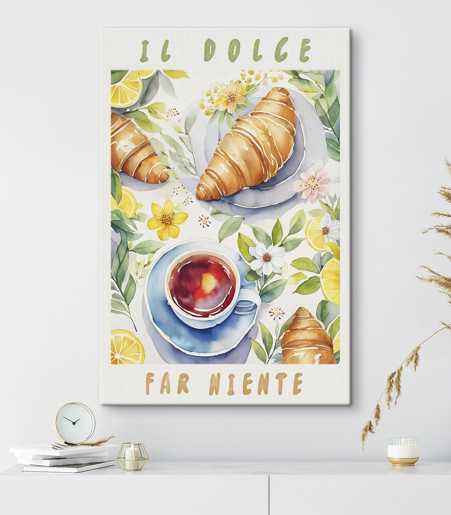 A watercolor painting of food and a cup of tea A watercolor painting of food and a cup of tea