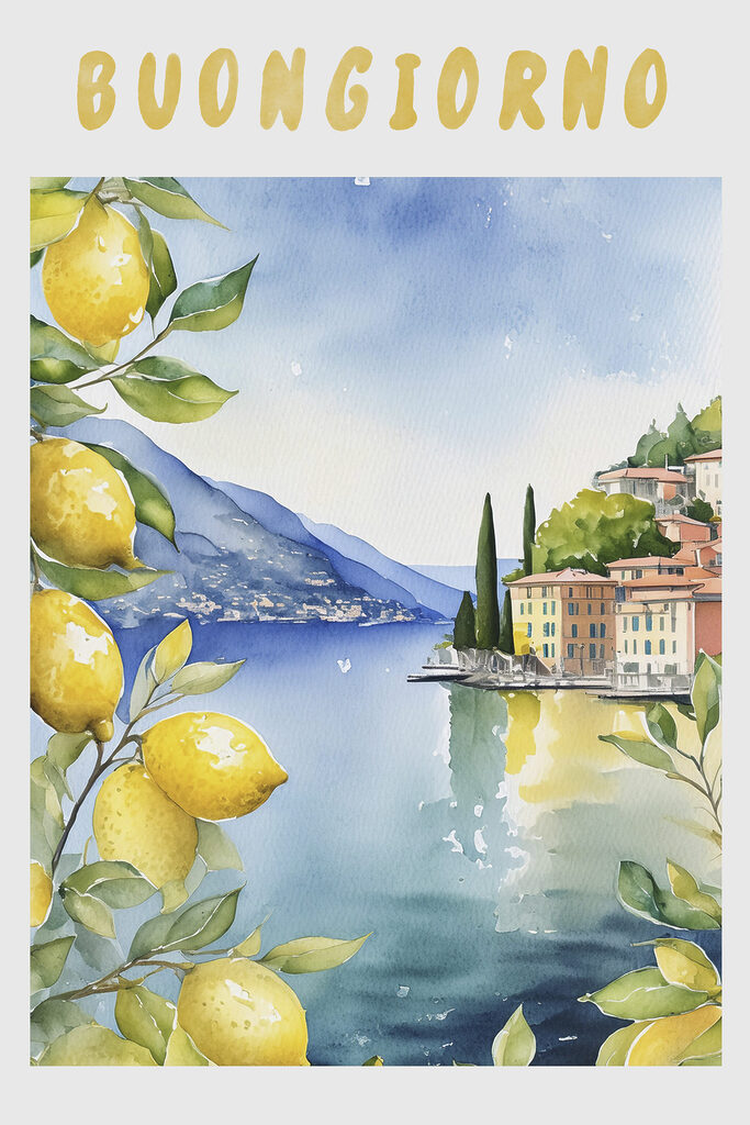 Watercolor painting of a city and a body of water Watercolor painting of a city and a body of water