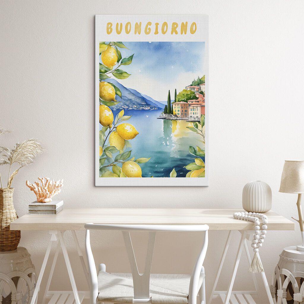 Watercolor painting of a city and a body of water Watercolor painting of a city and a body of water