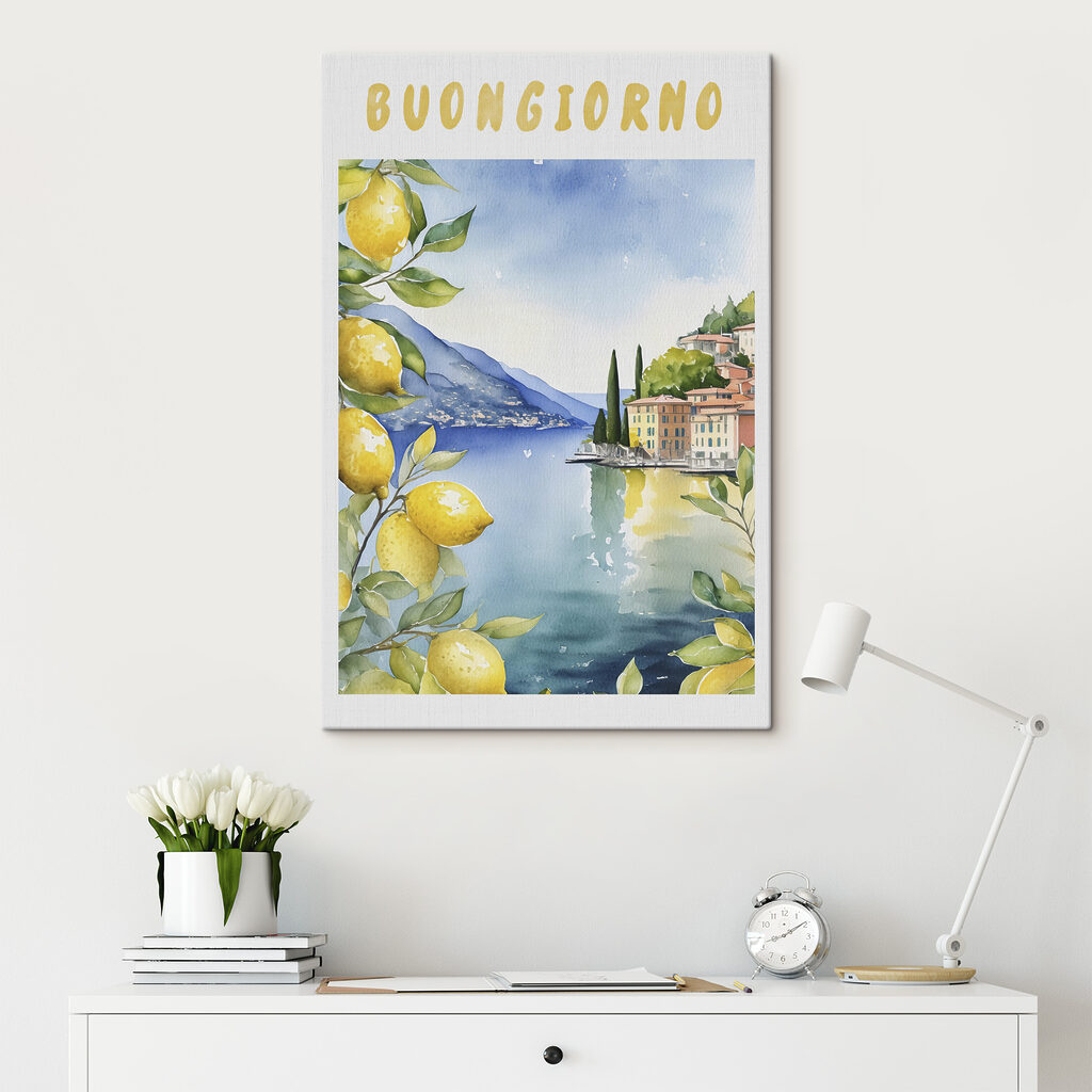 Watercolor painting of a city and a body of water Watercolor painting of a city and a body of water
