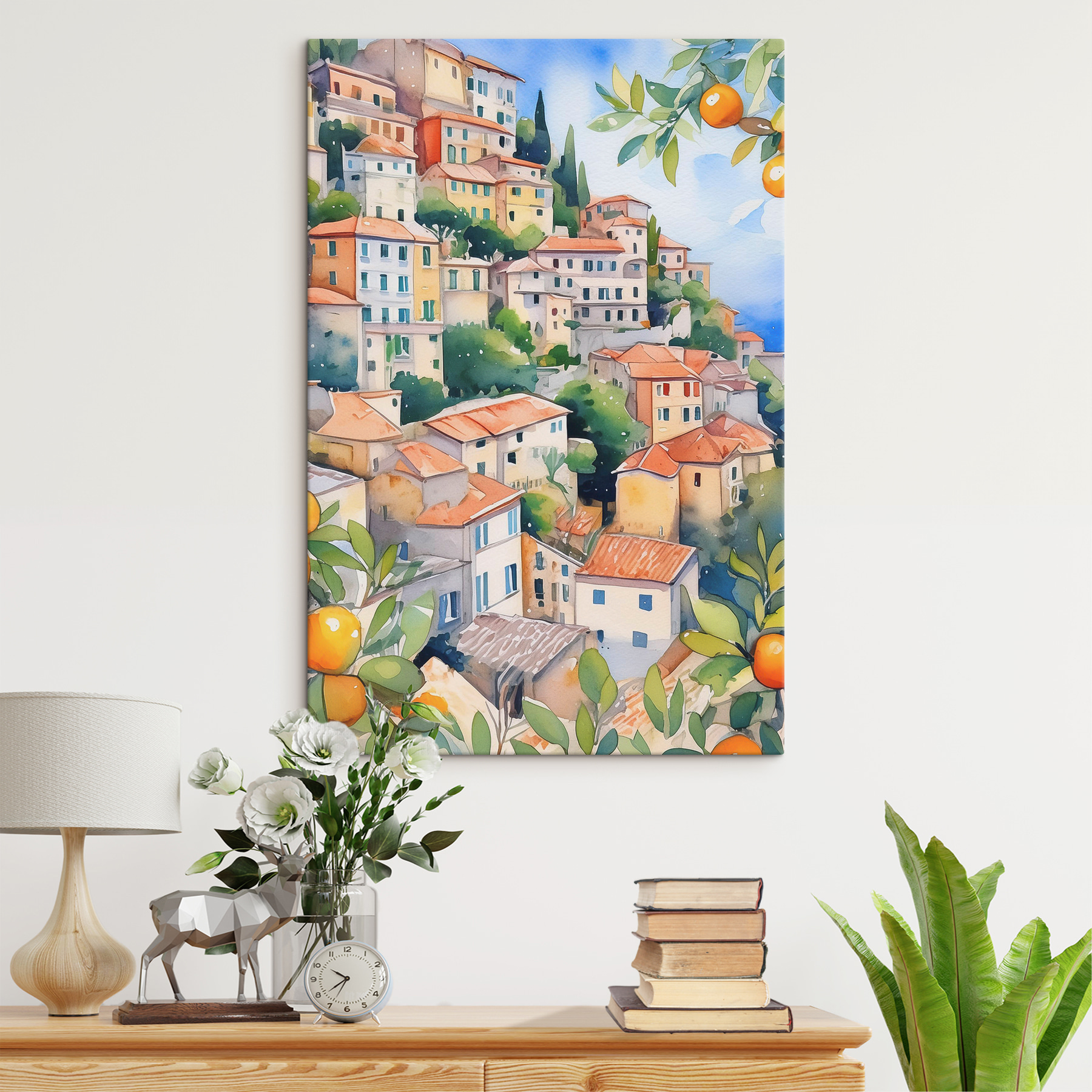 Watercolor painting of a city with oranges