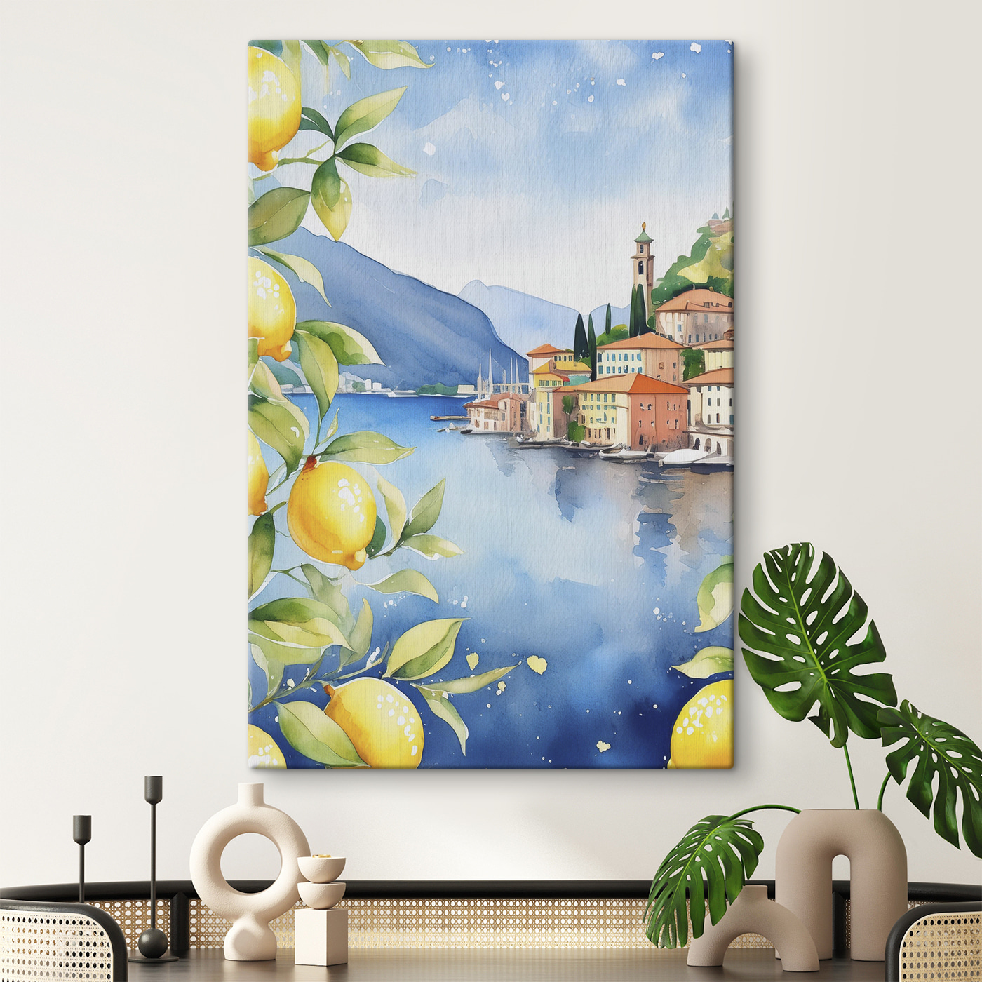 Watercolor of a city by a body of water