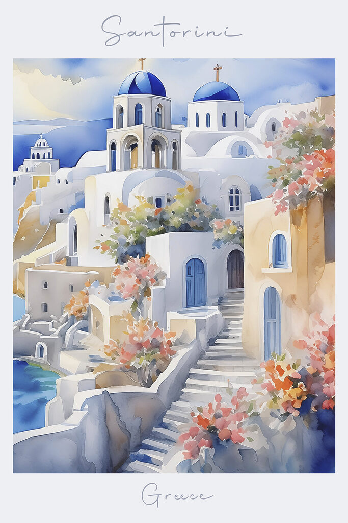 A watercolor painting of a white building with blue domes A watercolor painting of a white building with blue domes
