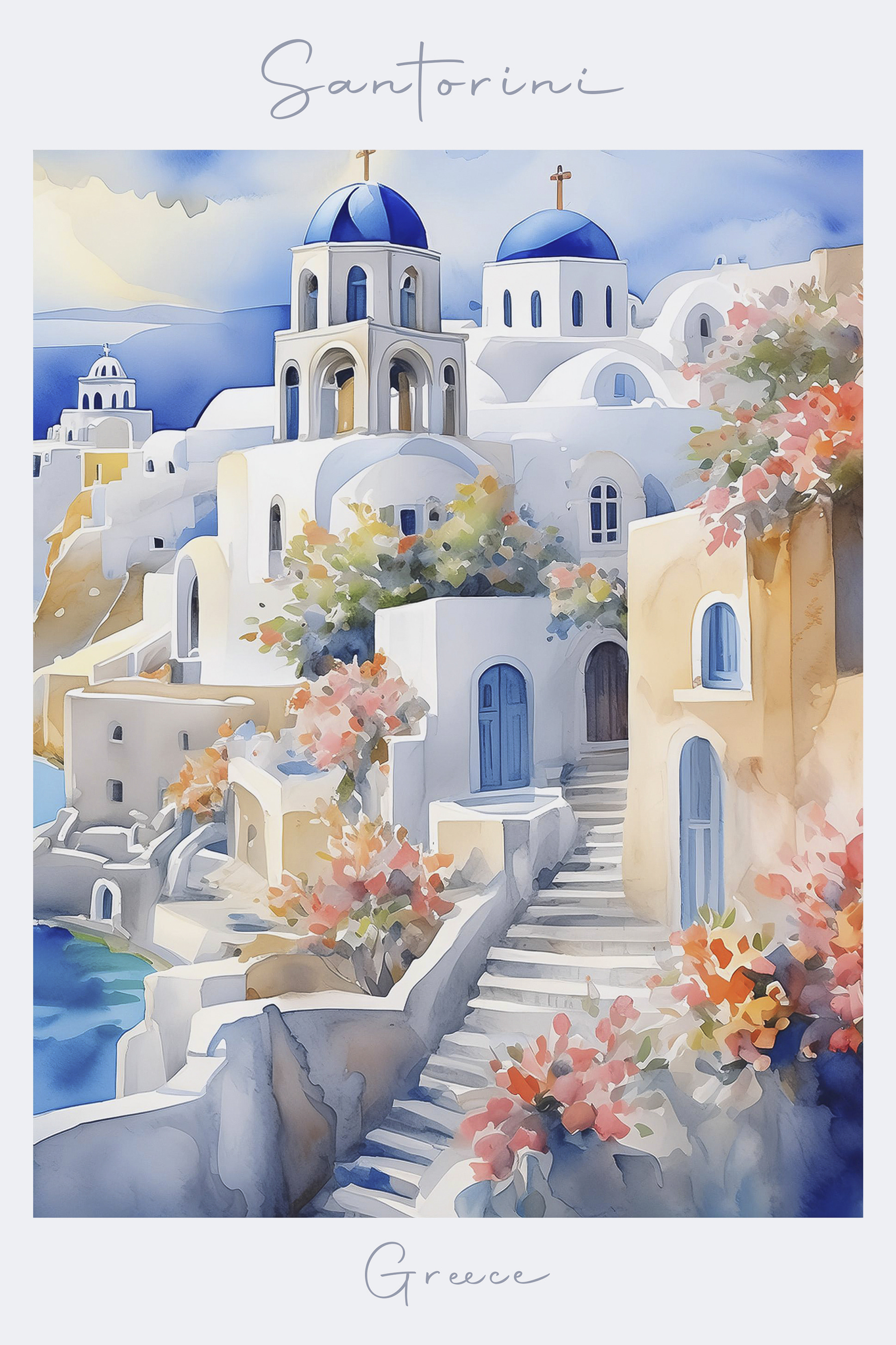 A watercolor painting of a white building with blue domes A watercolor painting of a white building with blue domes