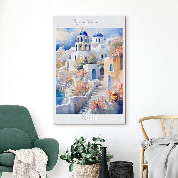 Cuadros Una acuarela que representa un edificio blanco con cúpulas azules (SKU: s38399) Cuadros Cuadros Una acuarela que representa un edificio blanco con cúpulas azules (SKU: s38399)