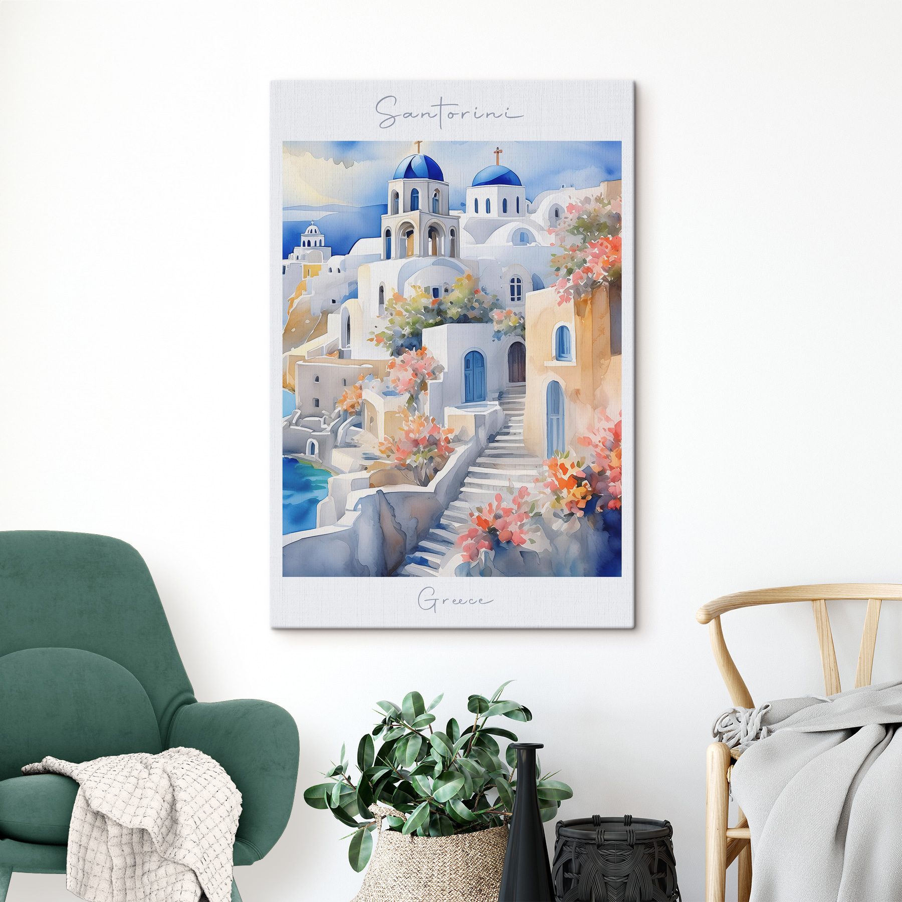 A watercolor painting of a white building with blue domes A watercolor painting of a white building with blue domes