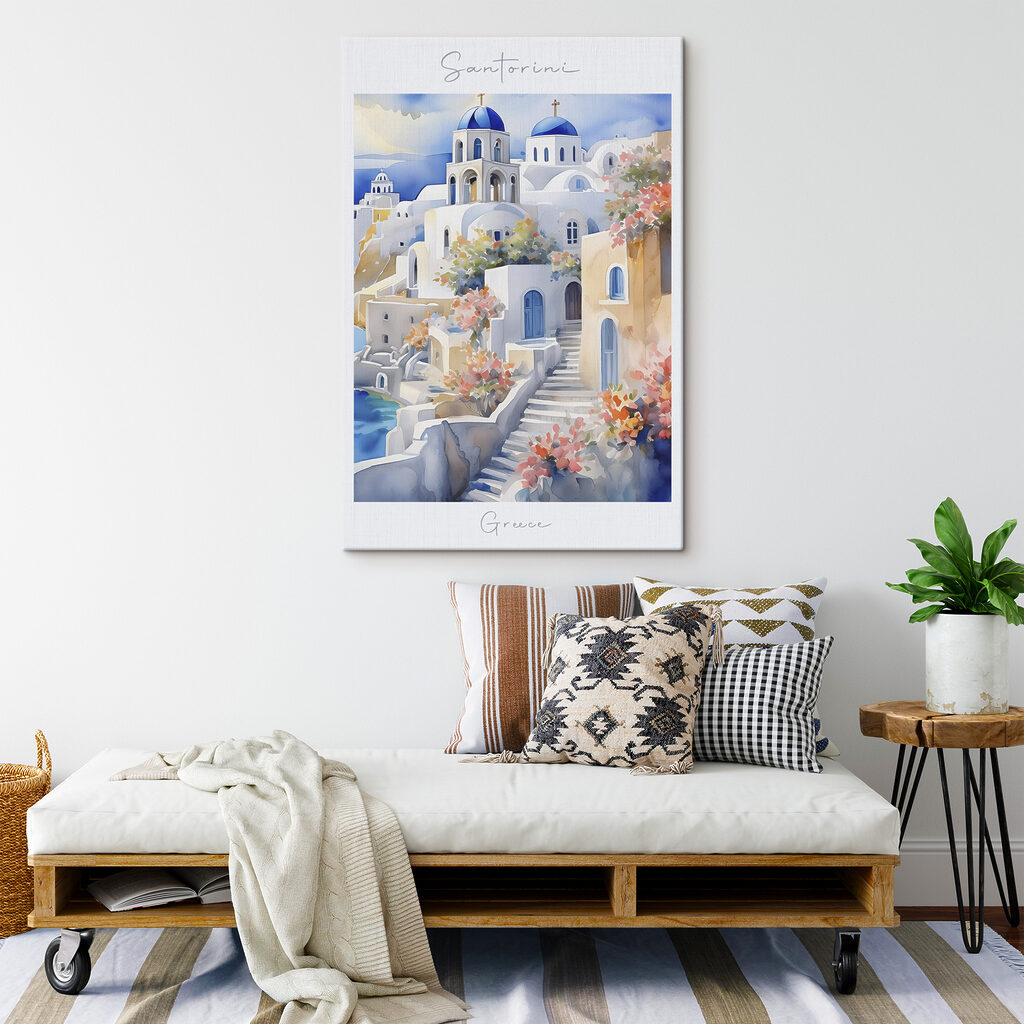 A watercolor painting of a white building with blue domes A watercolor painting of a white building with blue domes