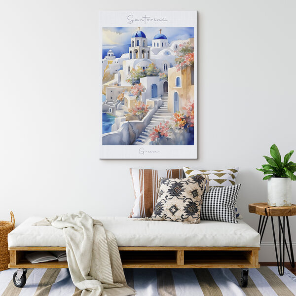 A watercolor painting of a white building with blue domes A watercolor painting of a white building with blue domes
