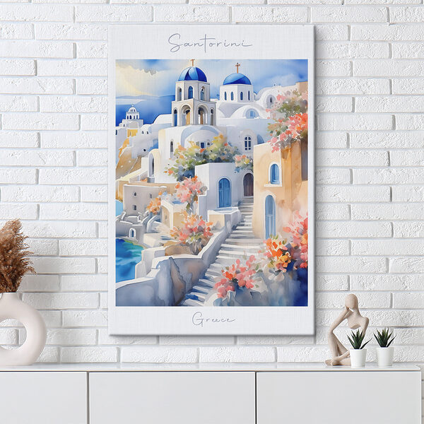 A watercolor painting of a white building with blue domes A watercolor painting of a white building with blue domes