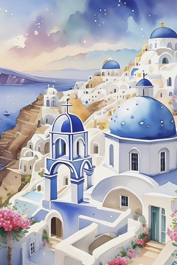 A painting of a town with blue domes