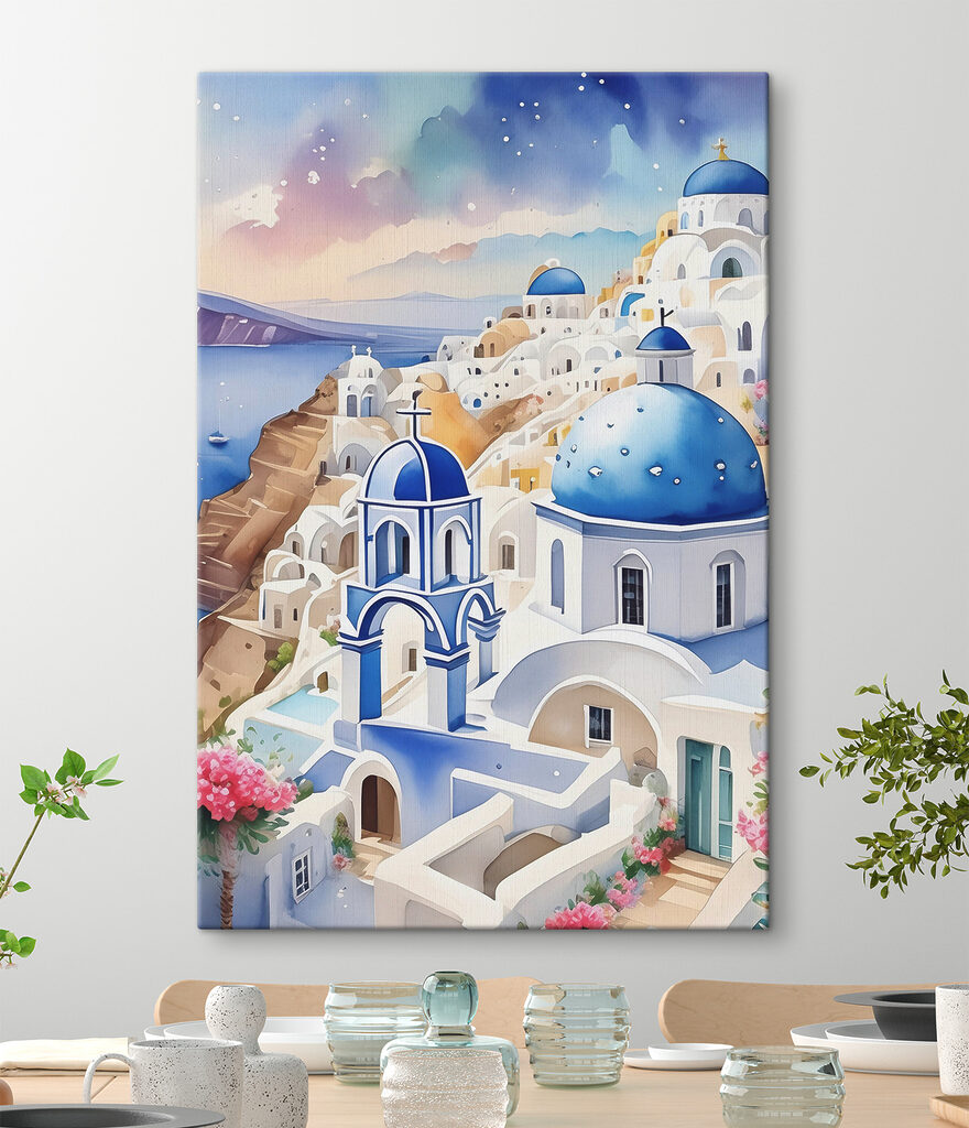 A painting of a town with blue domes
