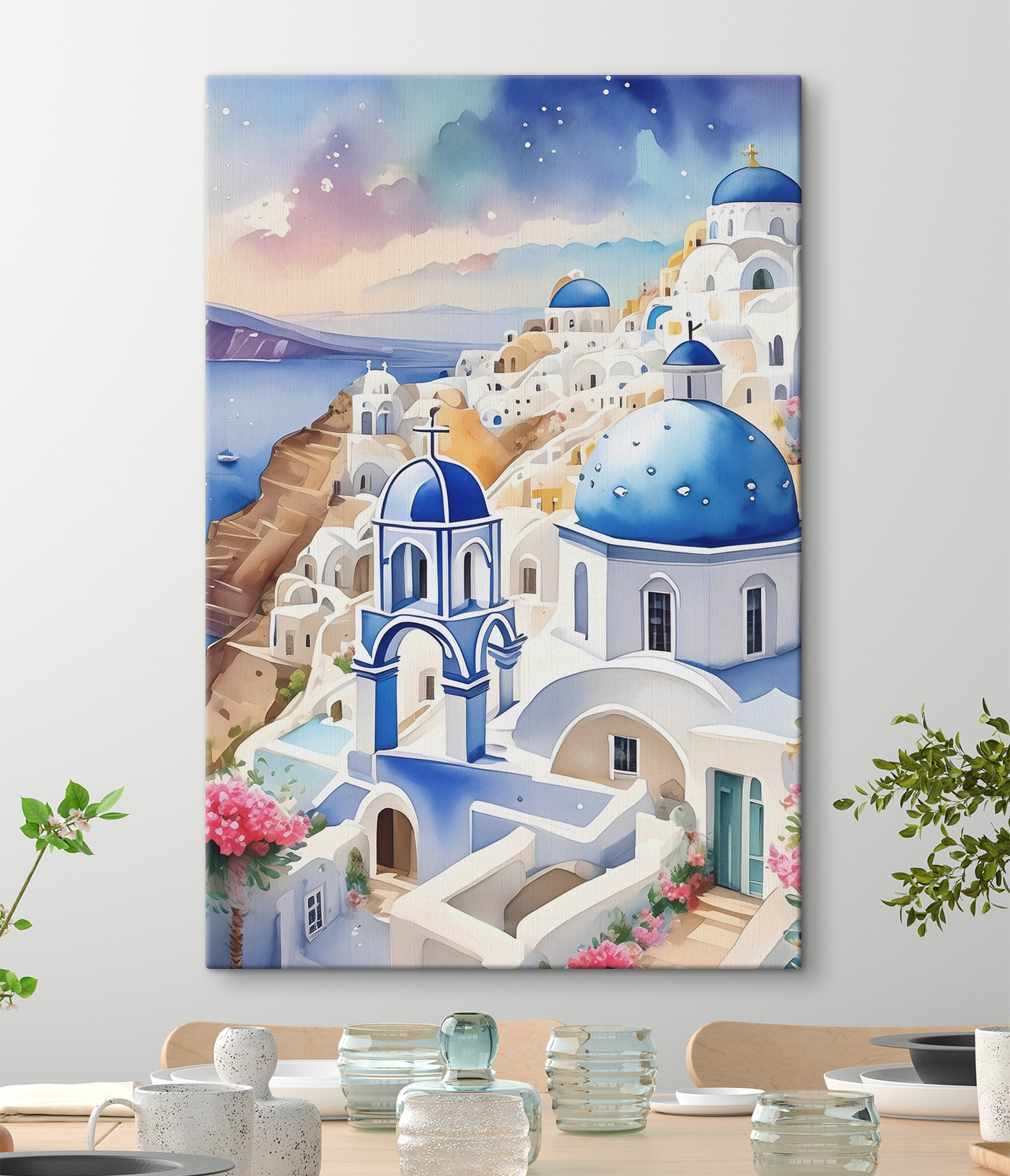 A painting of a town with blue domes