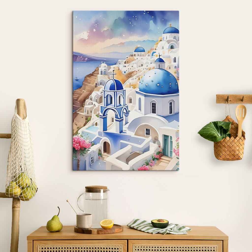 A painting of a town with blue domes