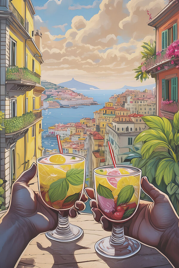 A pair of hands holding glasses with fruit and leaves on them