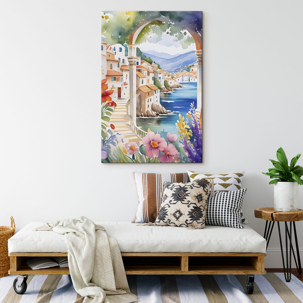 A painting of a town with a river and flowers