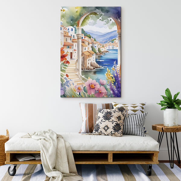A painting of a town with a river and flowers
