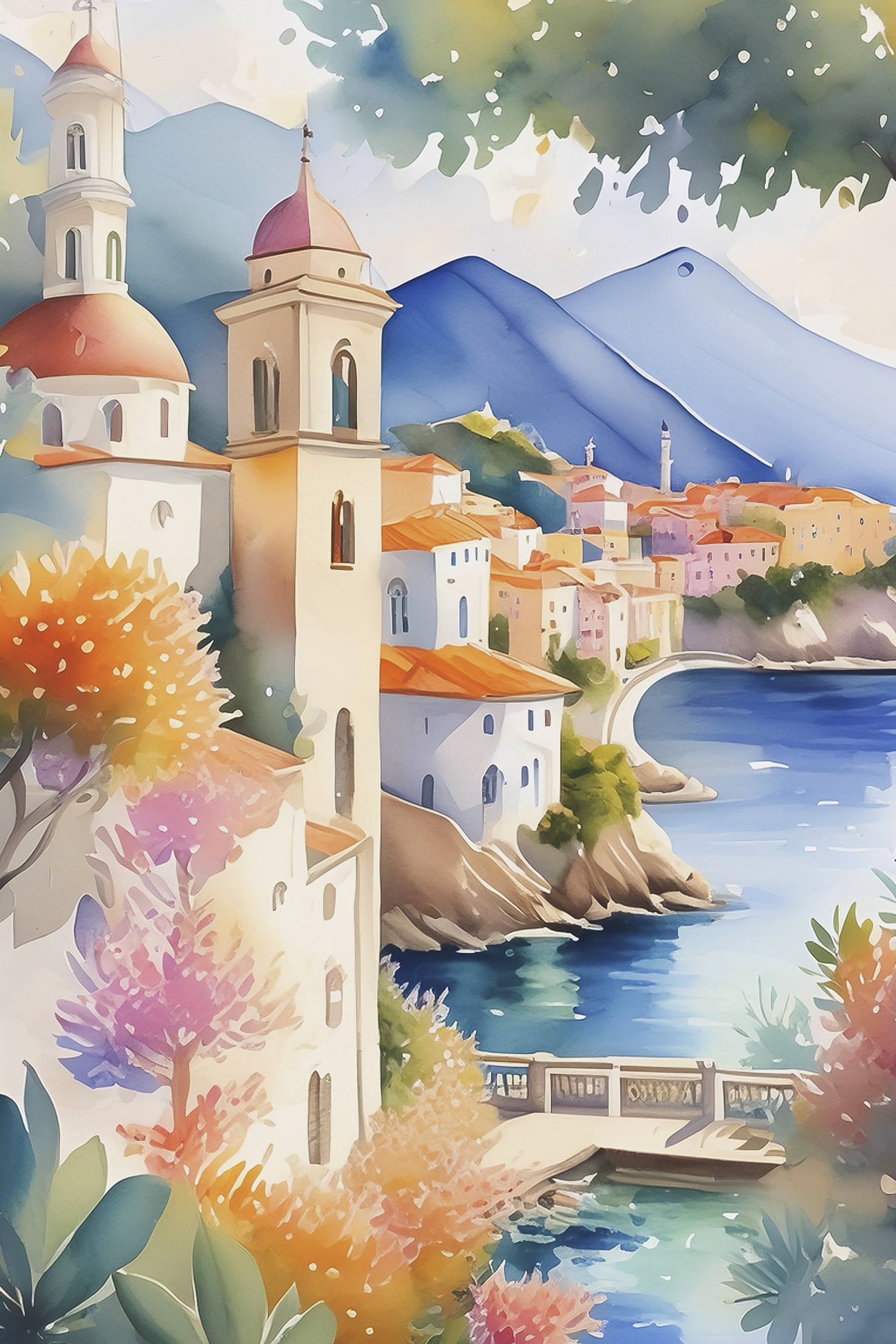 Watercolor painting of a town by a body of water