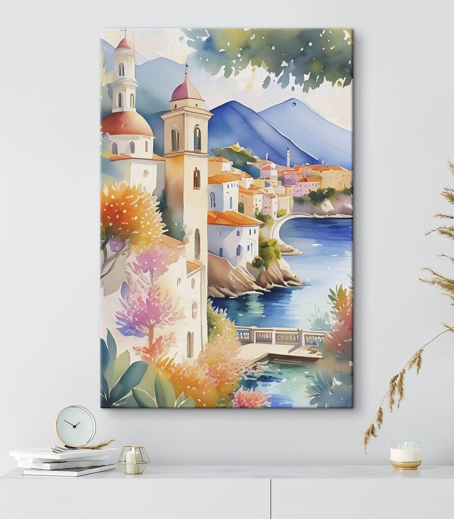Watercolor painting of a town by a body of water