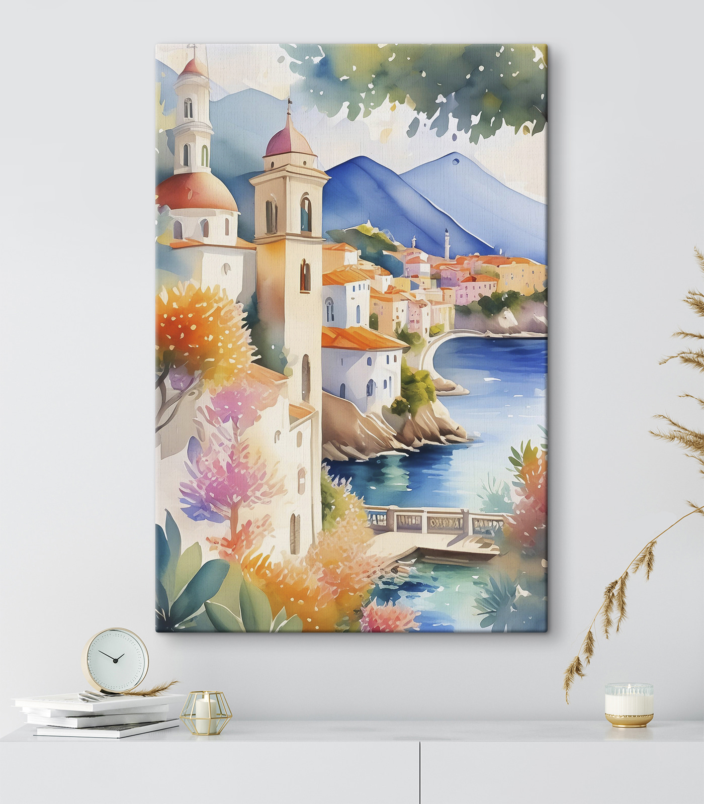 Watercolor painting of a town by a body of water