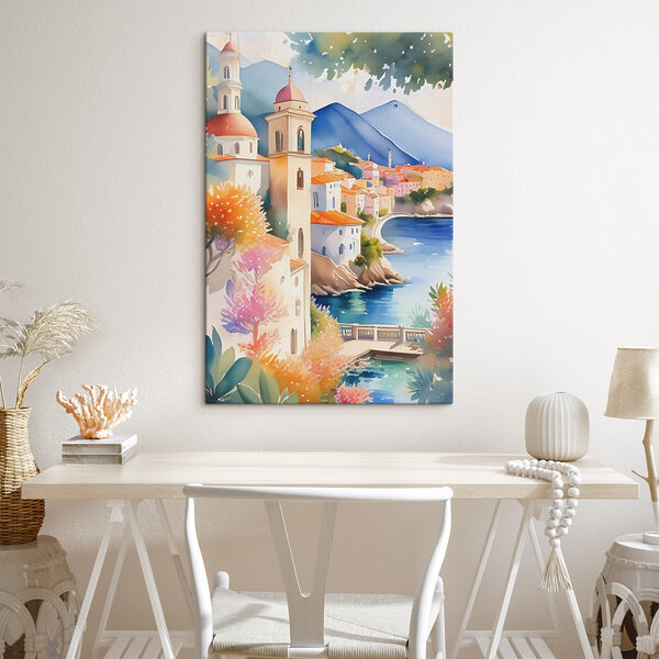 Watercolor painting of a town by a body of water