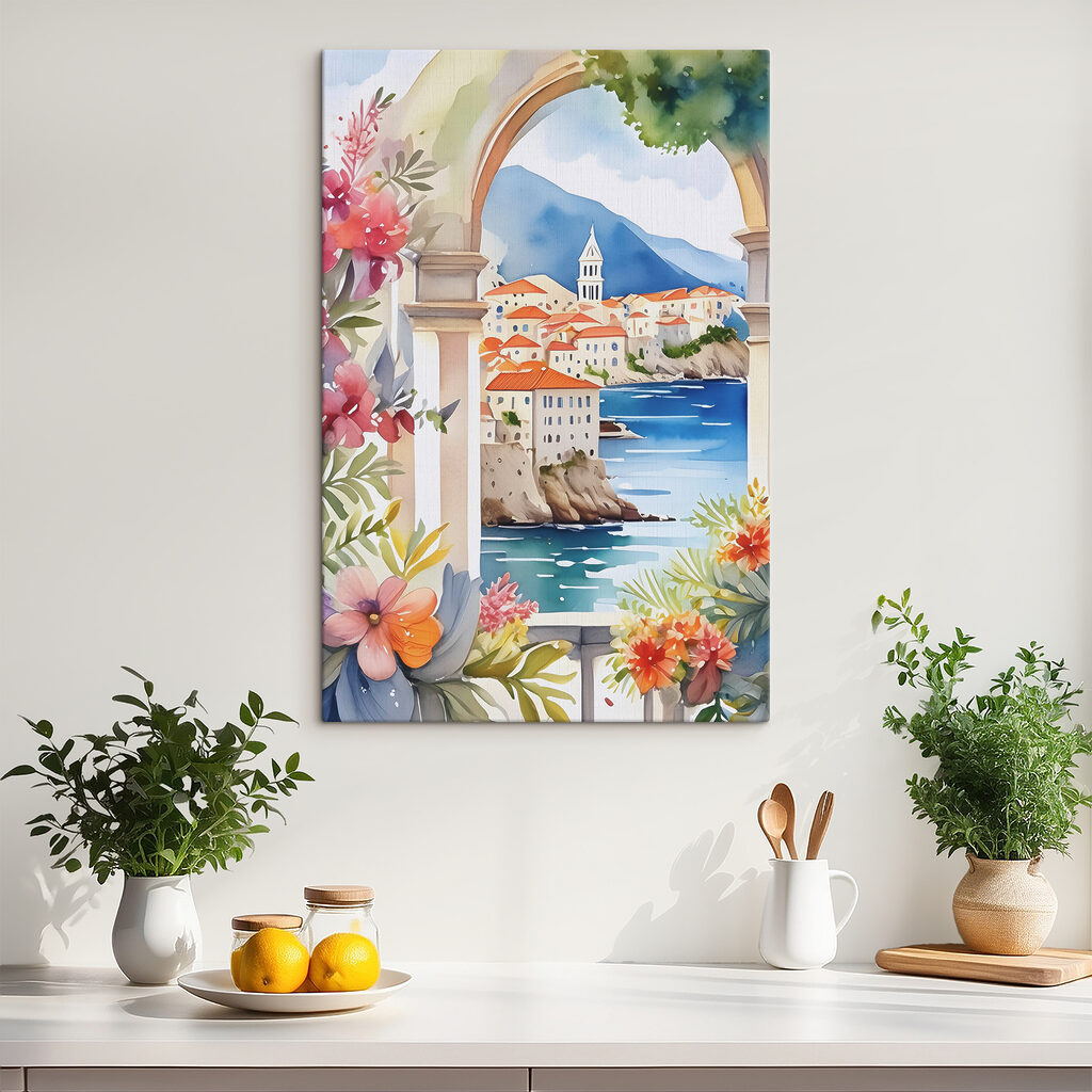A watercolor painting of a town on a cliff A watercolor painting of a town on a cliff