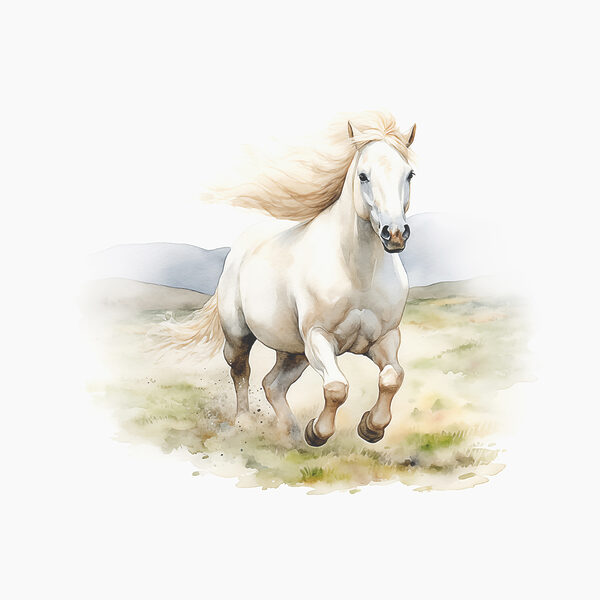 A white horse running in a field