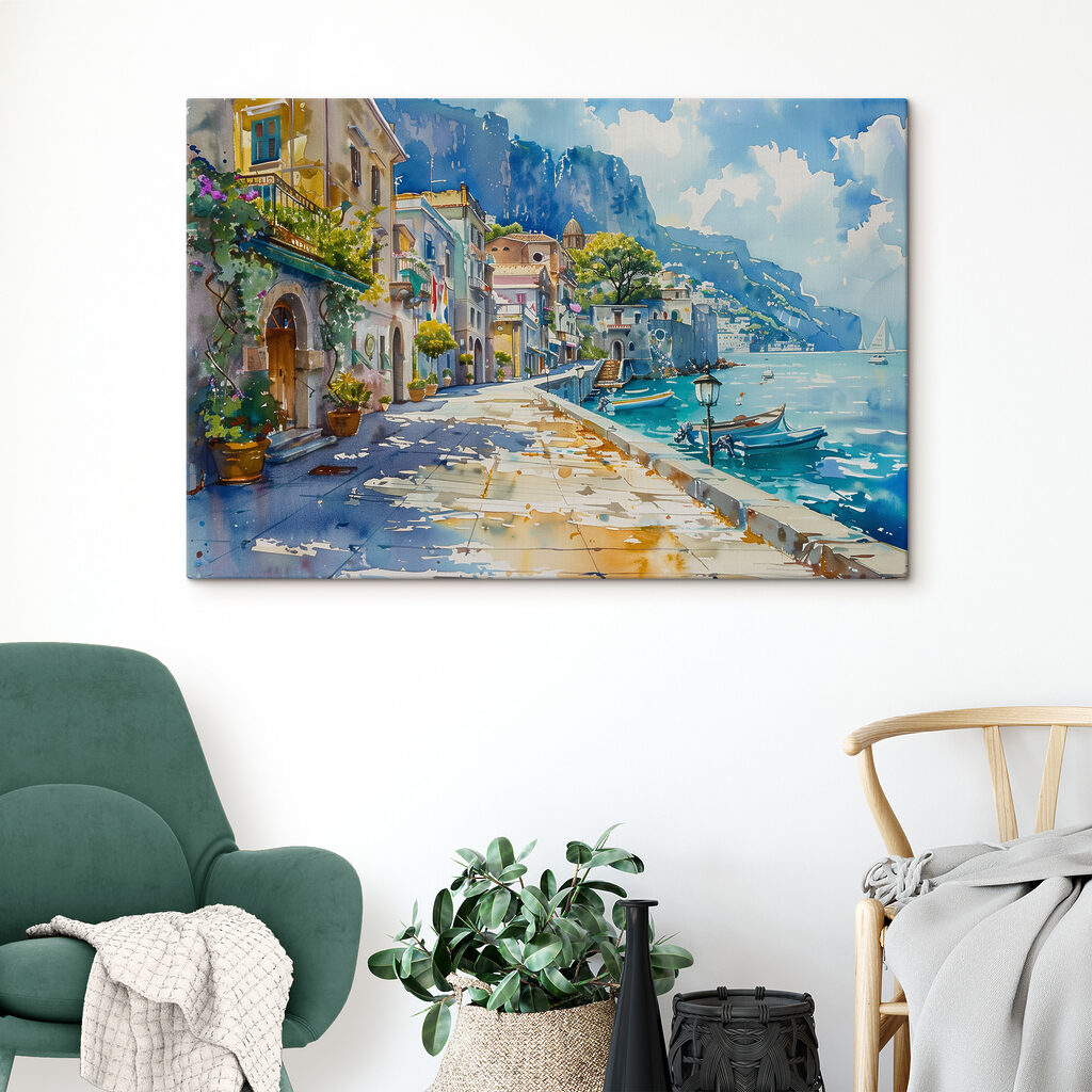 Watercolor of a city along a body of water