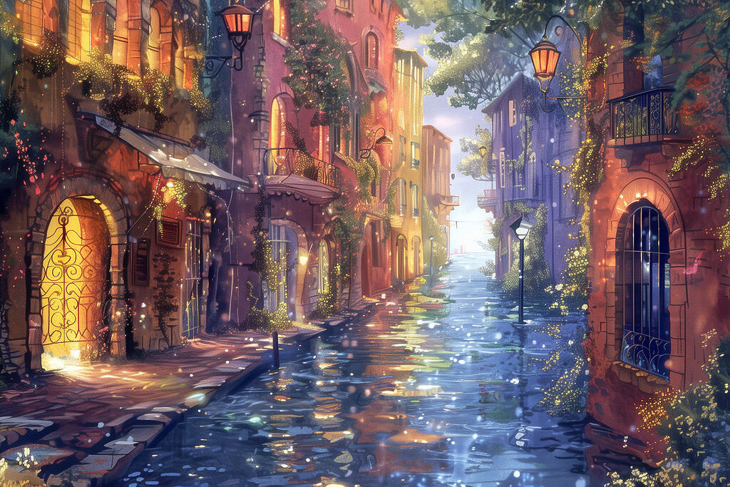 A water way with buildings and trees