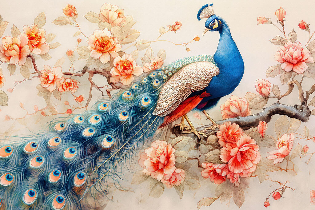 A painting of a peacock on a branch with flowers