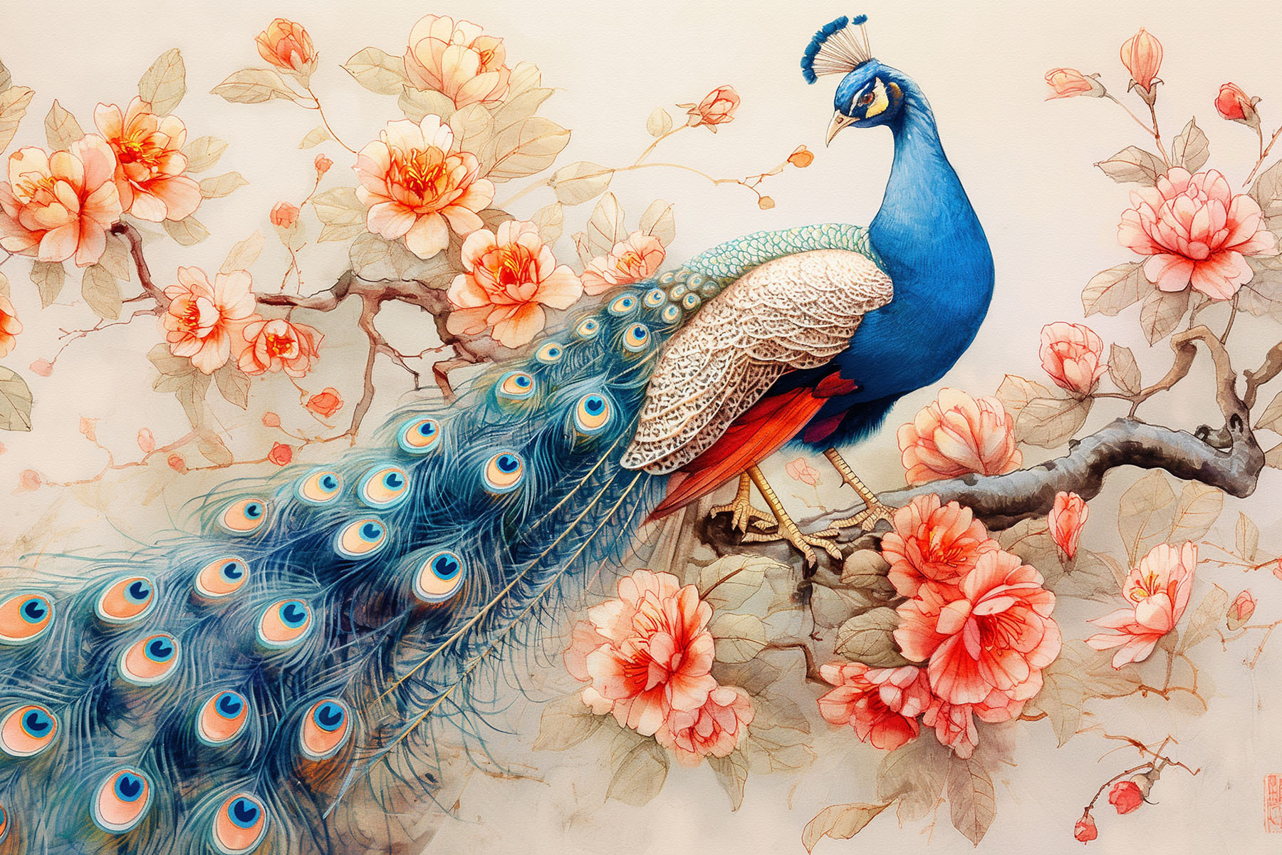 A painting of a peacock on a branch with flowers