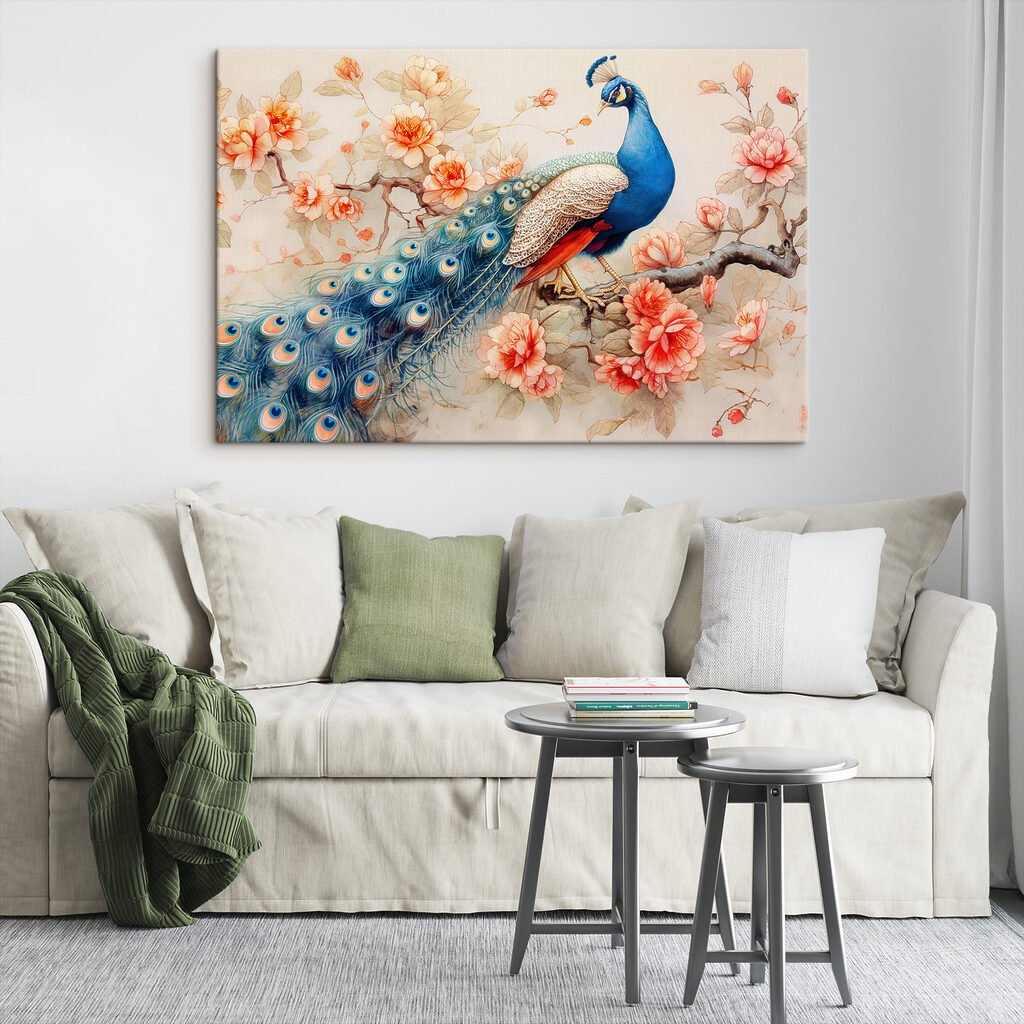 A painting of a peacock on a branch with flowers