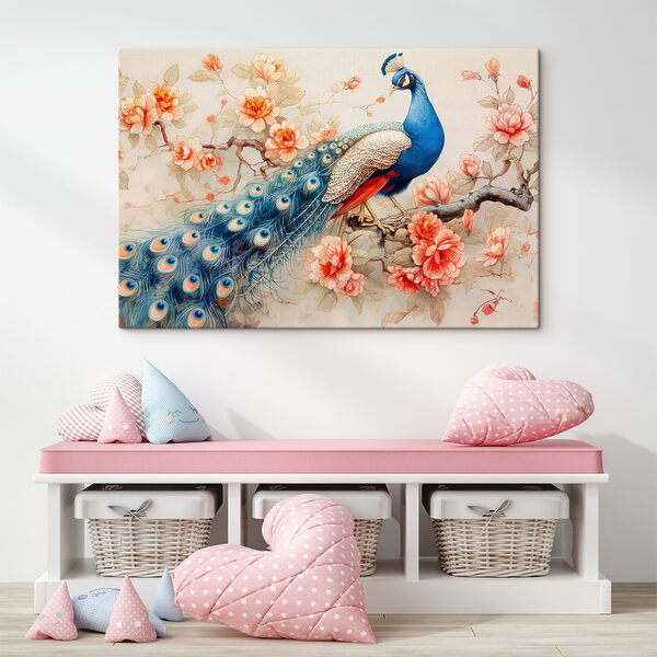 A painting of a peacock on a branch with flowers