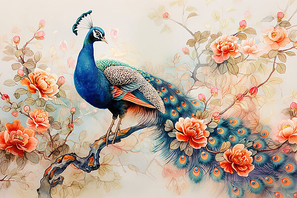 A painting of a peacock on a branch with flowers A painting of a peacock on a branch with flowers