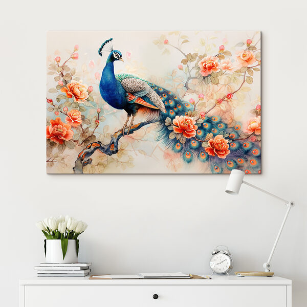 Cuadros Un cuadro en el que se ve un pavo real posado en una rama con flores (SKU: s38452) Cuadros Cuadros Un cuadro en el que se ve un pavo real posado en una rama con flores (SKU: s38452)