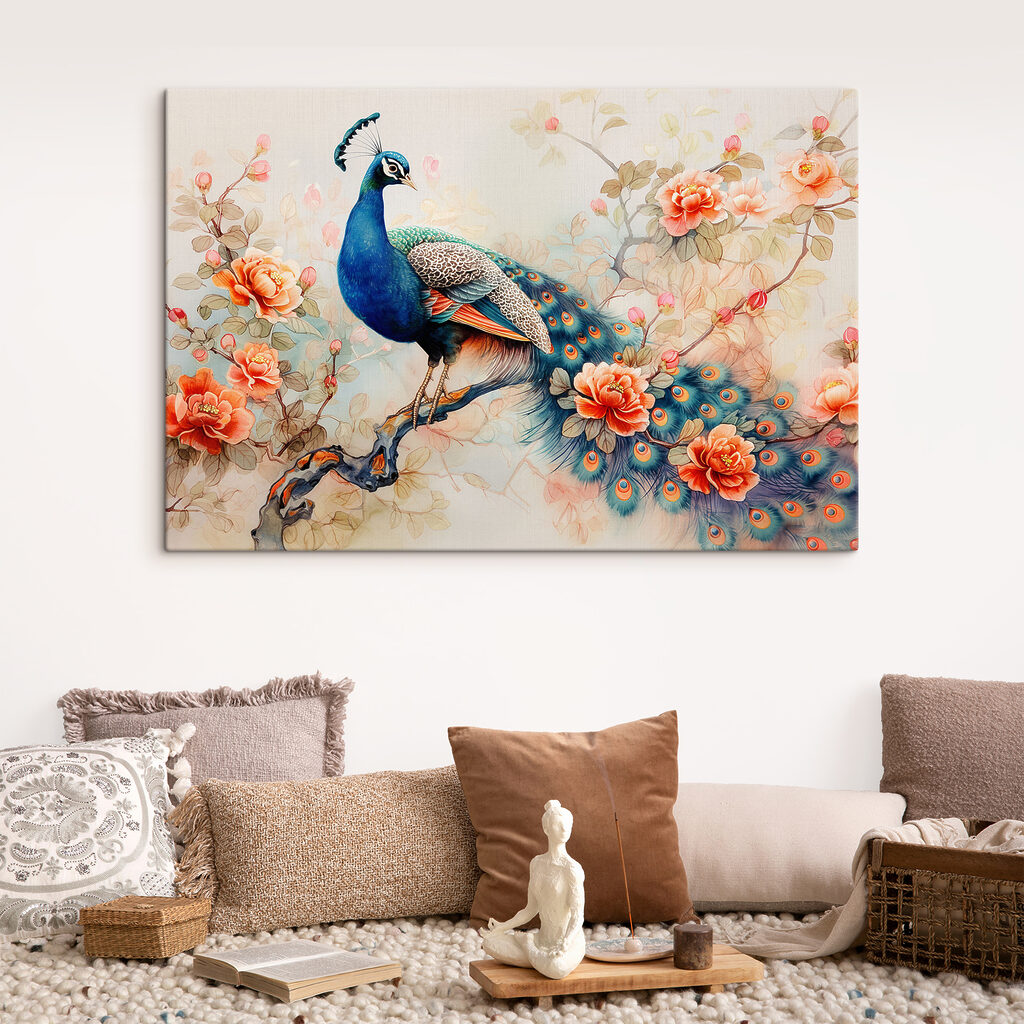 A painting of a peacock on a branch with flowers A painting of a peacock on a branch with flowers