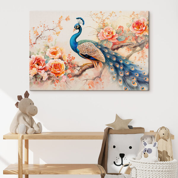 Cuadros Cuadros Un cuadro que representa un pavo real posado en una rama con flores (SKU: s38453)