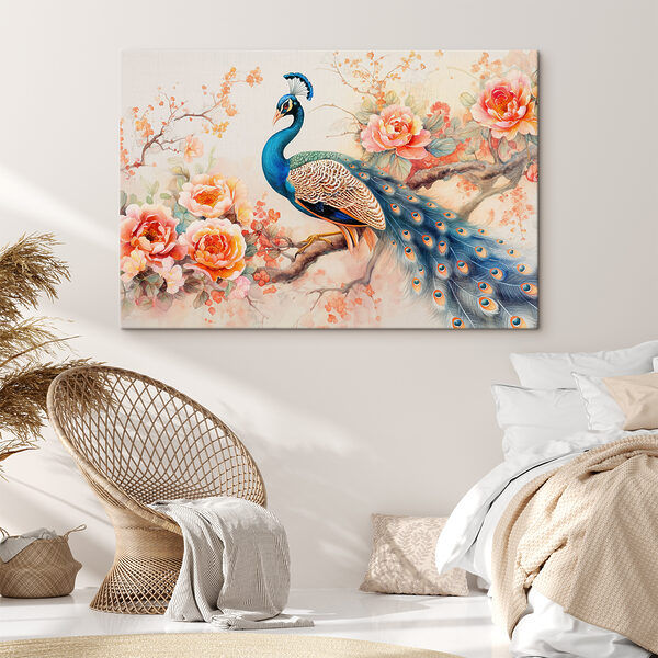 A painting of a peacock on a branch with flowers A painting of a peacock on a branch with flowers